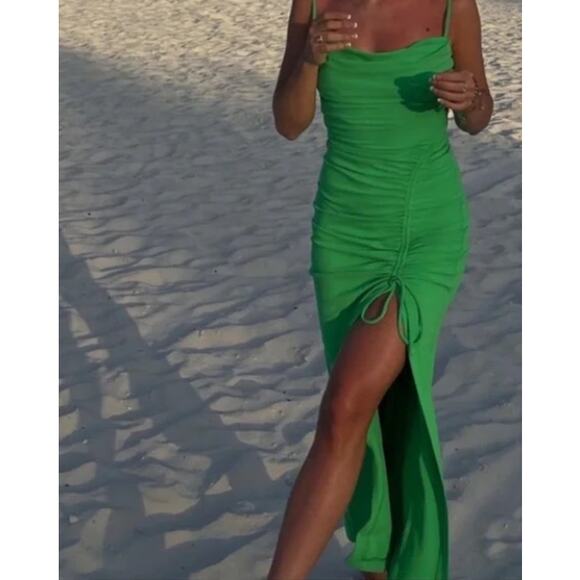Zara Small S Bright Green Draped Midi Dress High Side Slit Sweetheart Neckline - Picture 12 of 14